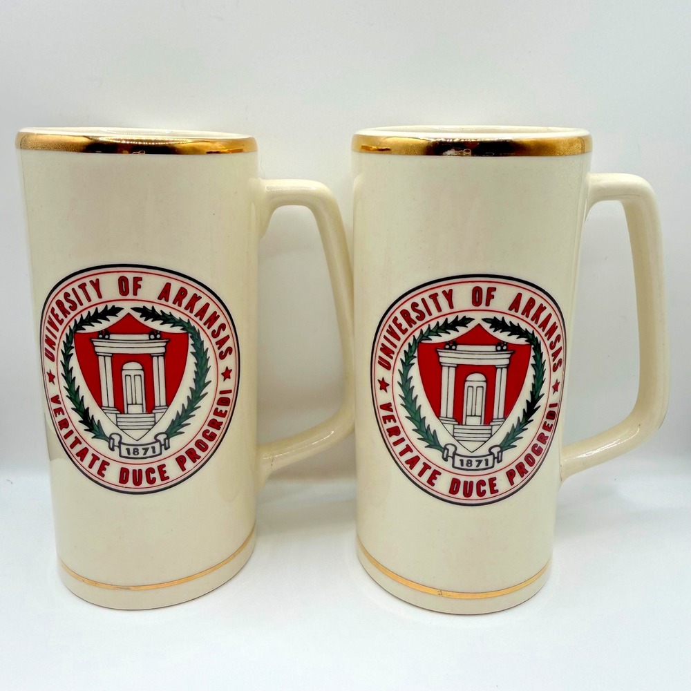Vintage University of Arkansas Razorbacks Alumni Ceramic Steins USA Gold Trim